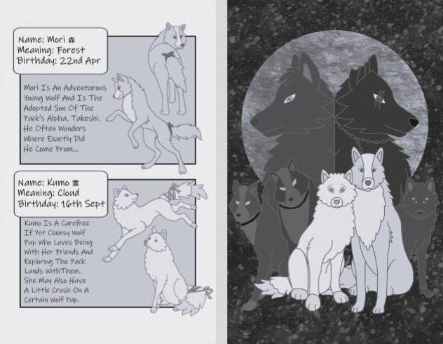 (Read right to left) Art Page of The Wolf Pack and Character Profiles of Mori & Kumo