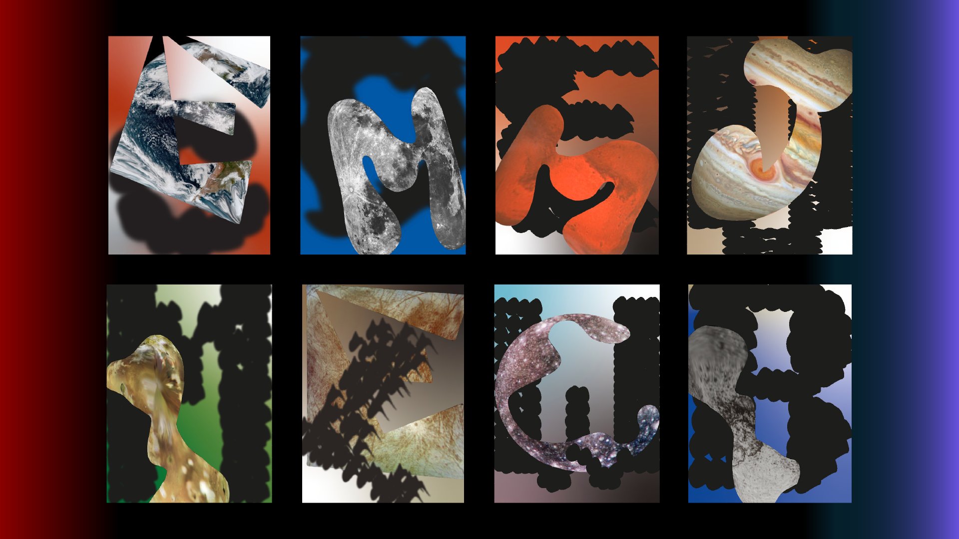 The black letters refer to the first letter of the first word of each song, and the letters with colourful patterns refer to a star that the spaceship passes by when that song begins. From left to right, top to bottom they are: Earth, Moon, Mars, Jupiter, Io, Europa, Callisto.