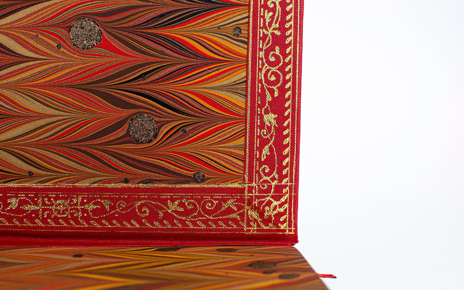 A look at the end-paper from Shepherds London which was handmade and inspired by the 1800s marbled end-papers. It was chosen for its unintentional connotations of female anatomy and its beautiful colours. The borders were freehand gold-foiled.