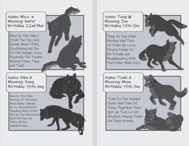 (Read right to left) Character Profile Pages of Taiyo & Tsuki, and Mizu & Kiba