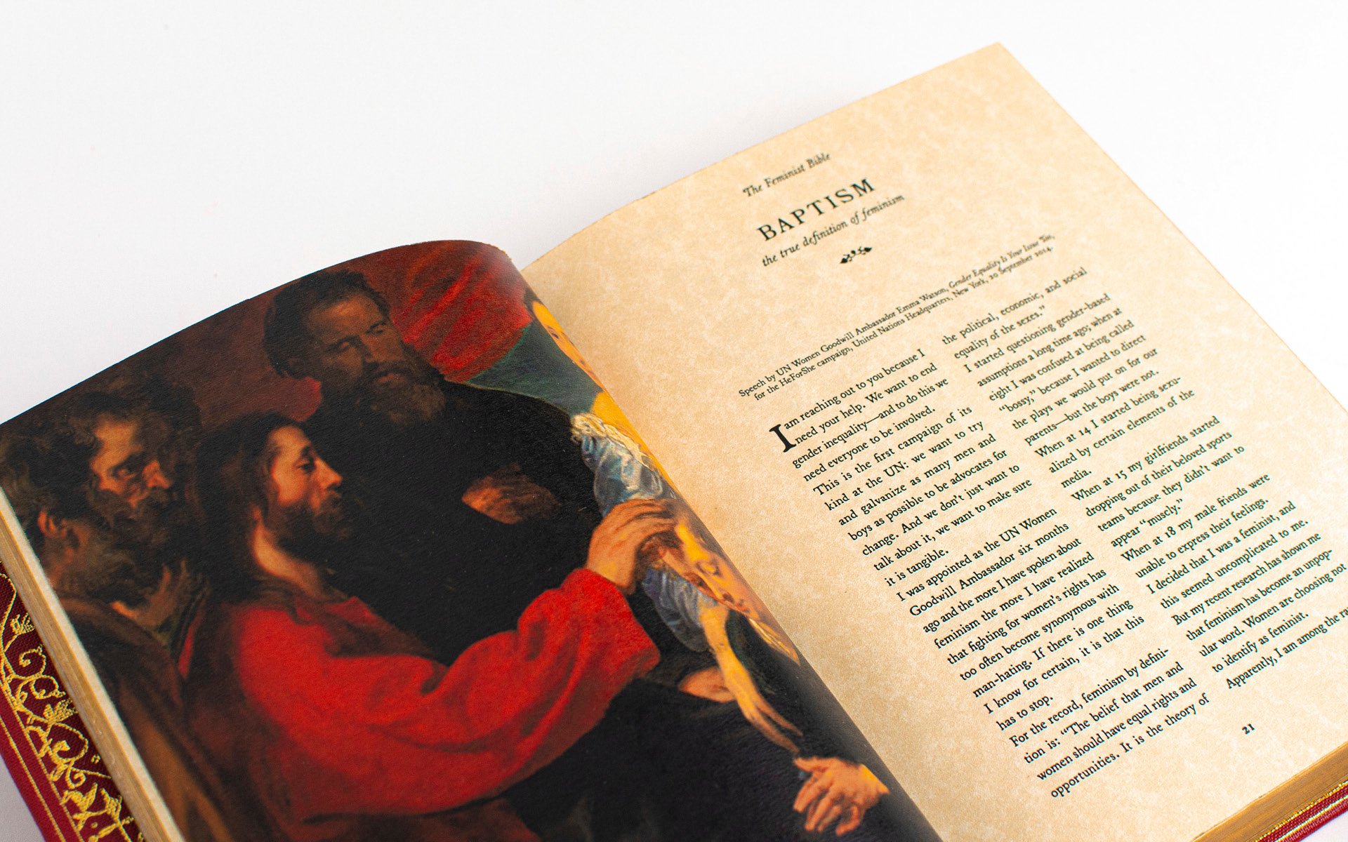 A look inside The Feminist Bible by Emma Vukman 2023. All chapter titles were inspired by Christianity and were paired with a historical religious painting.