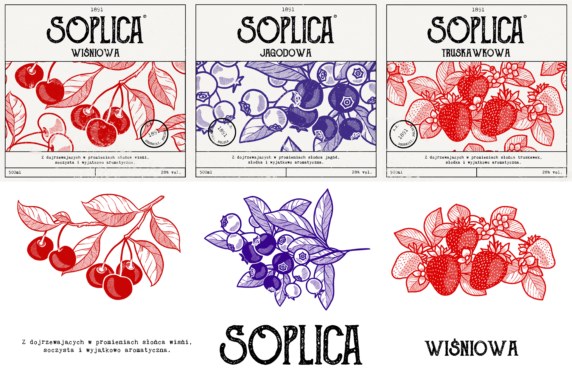 cherry, blueberry, strawberry flavour labels, illustration and typeface details