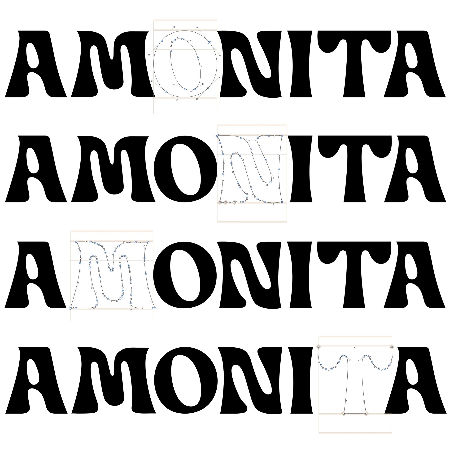 Amonita font | Design originated from an interpolation between Blenny Black Regular and Guyon Gazebo Regular | Amonita font anatomy design in Glyphs